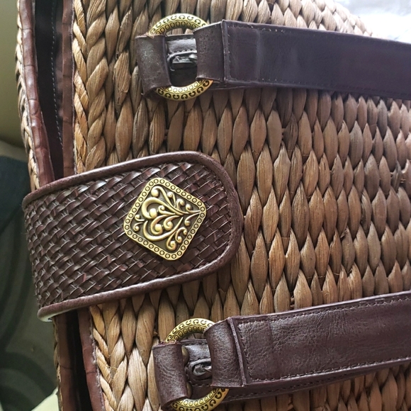 Coldwater Creek Woven Straw Brown Rustic Faux Leather Shoulder Bag Picnic Tote. - Picture 13 of 16